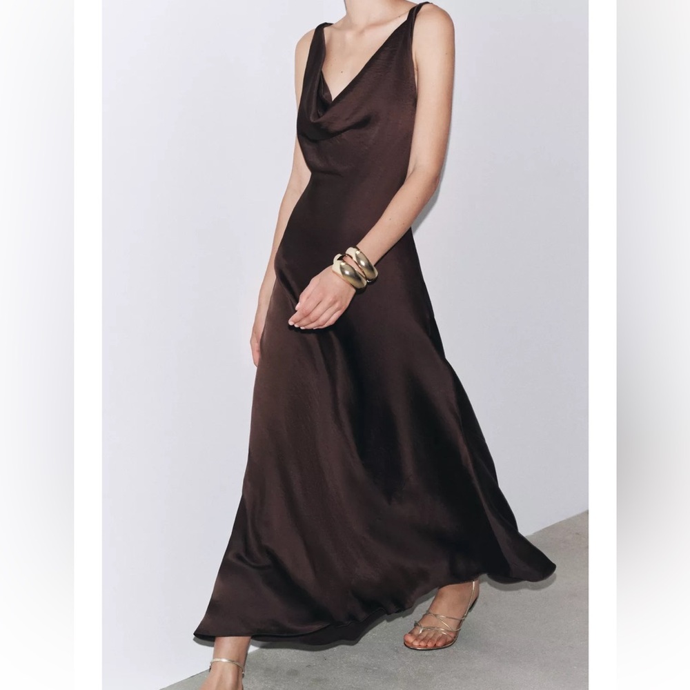 Zara NWT Brown satin long dress 2590/987